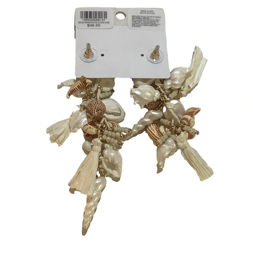Chico’s No Droop Shell & Raffia Statement Earrings New